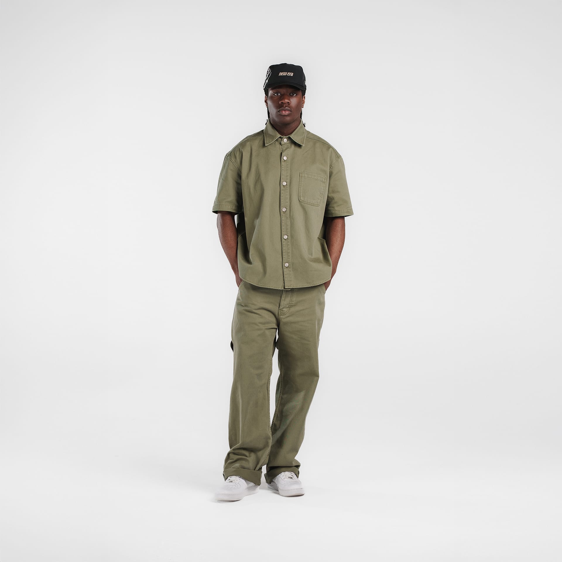 New Era Branded Ellicott Green Bark Twill Half Sleeve Button Up Shirt - Image 5