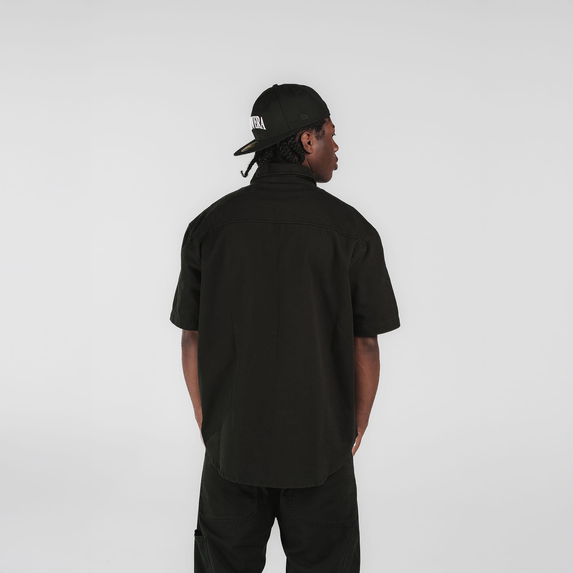 New Era Branded Ellicott Black Twill Half Sleeve Button Up Shirt - Image 4