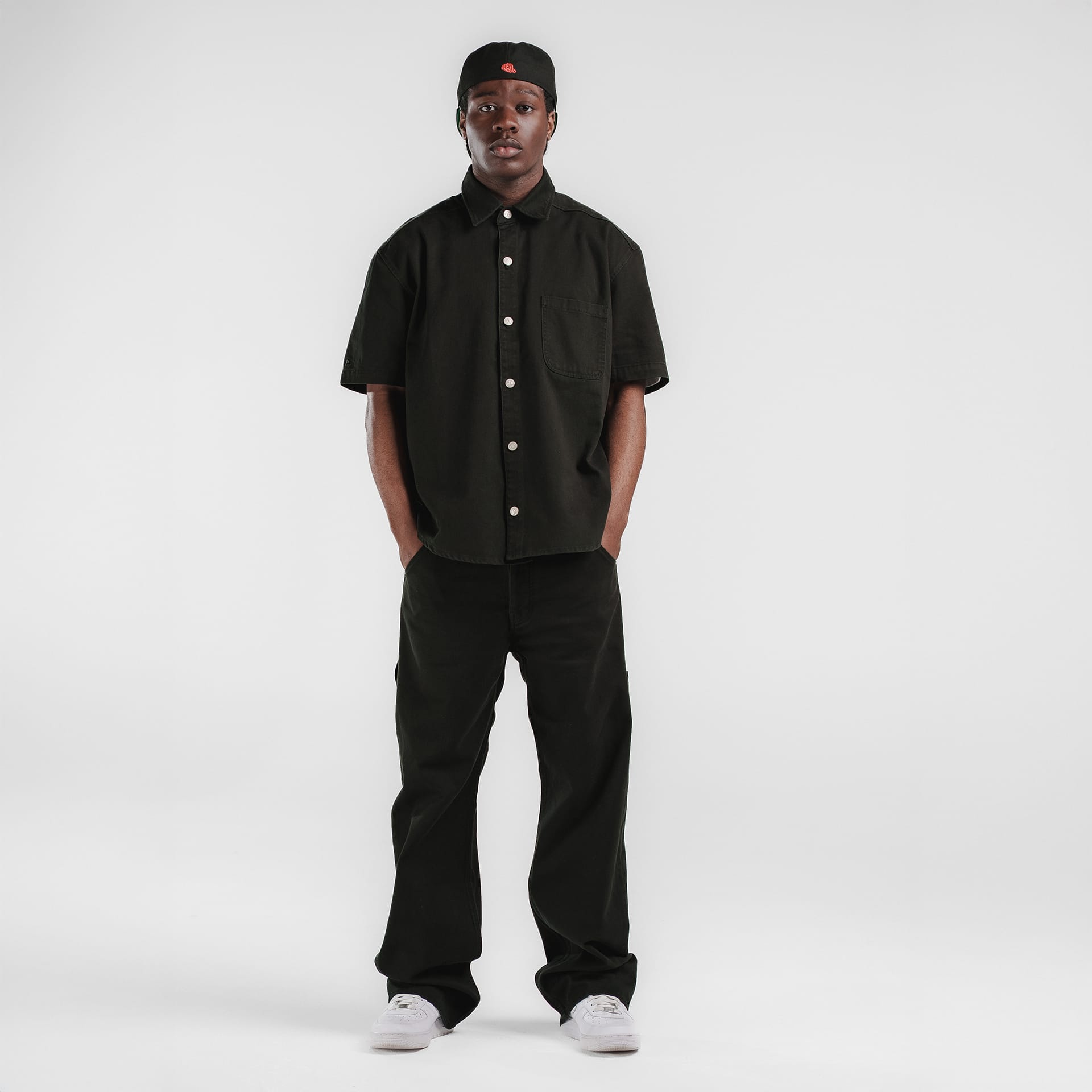 New Era Branded Ellicott Black Twill Half Sleeve Button Up Shirt - Image 5