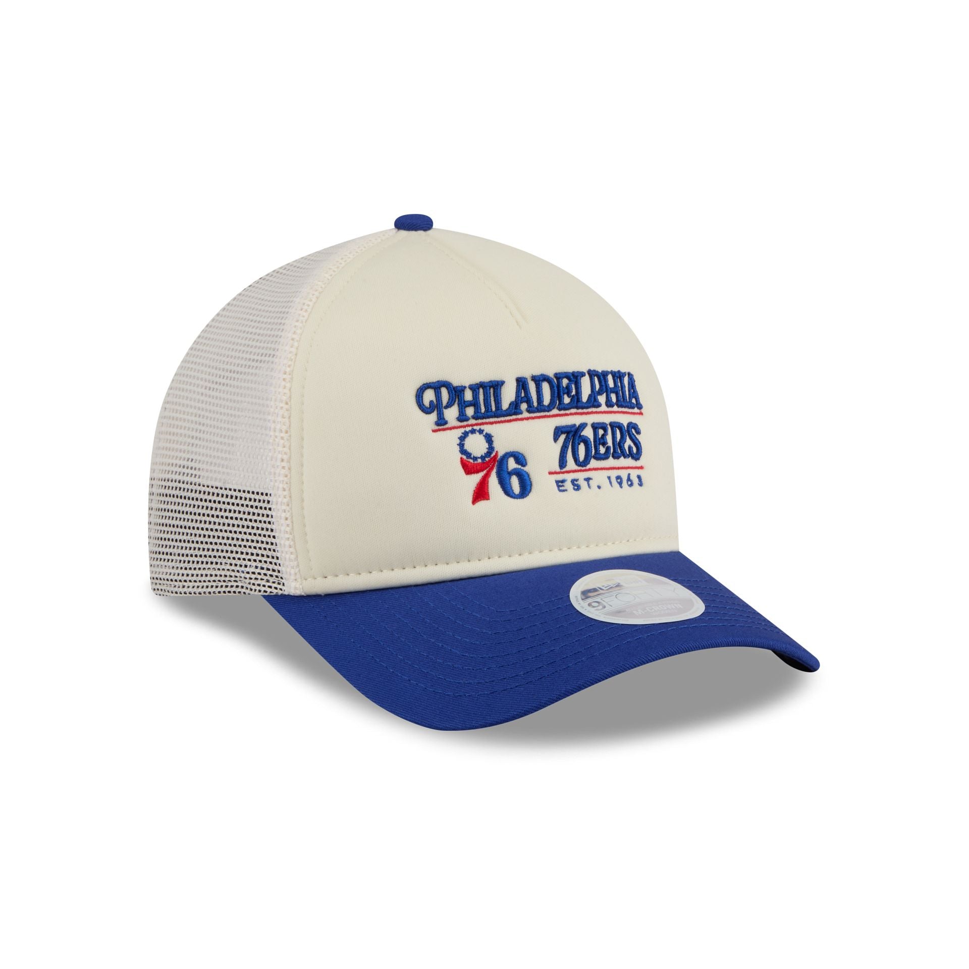Philadelphia 76ers Retro Chrome Women's White 9FORTY M-Crown A-Frame Trucker Hat - Image 3